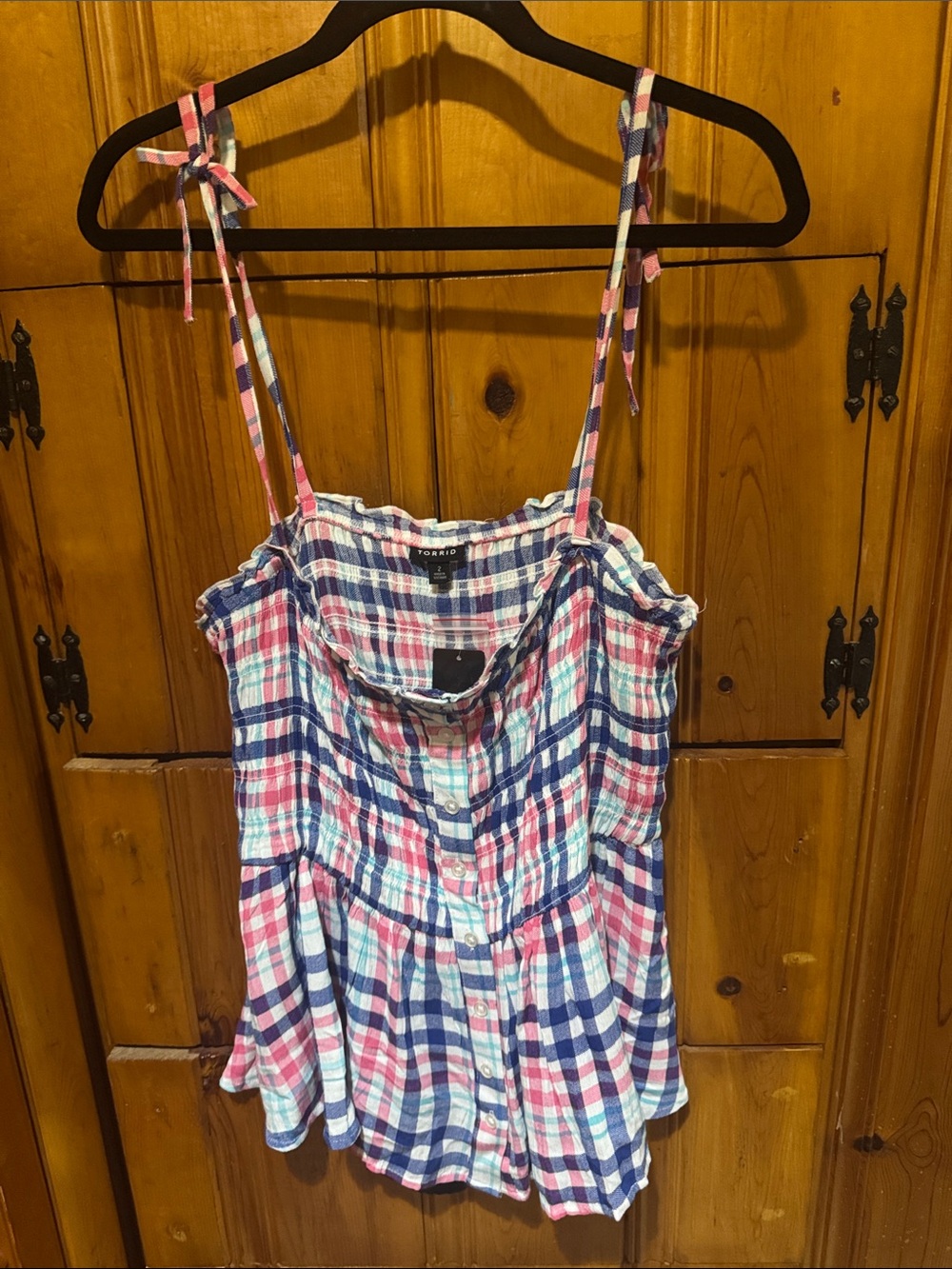 torrid Pink Navy White Plaid Tie-Shoulder Button Tank